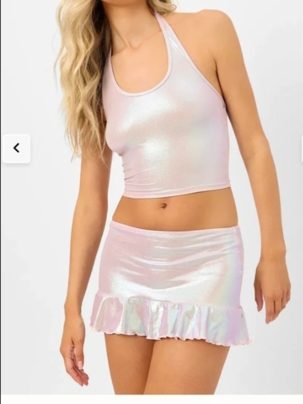 Rare Frankie's Bikinis Iridescent Pink Halter Crop Top & Ruffle Mini Skirt Set